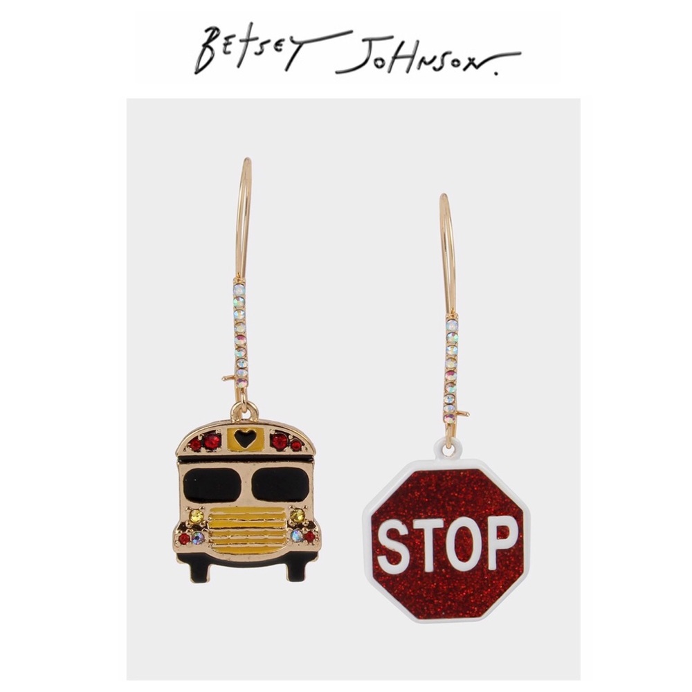 NWT Betsey Johnson💋BACK TO SCHOOL BUS Gold Tone Glass Crystals Hook Earrings